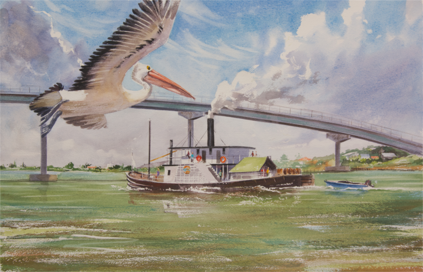  HINDMARSH BRIDGE AND OSCAR W - Goolwa, South Australia - Watercolour 